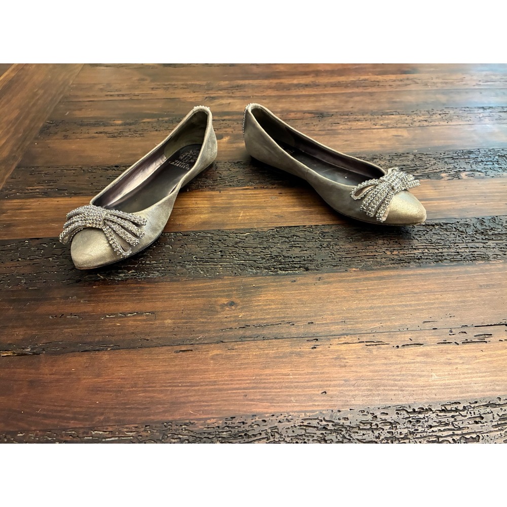Vince Camuto Metallic Ballet Flats Silver Crystal Bow Embellished Women's 6.5